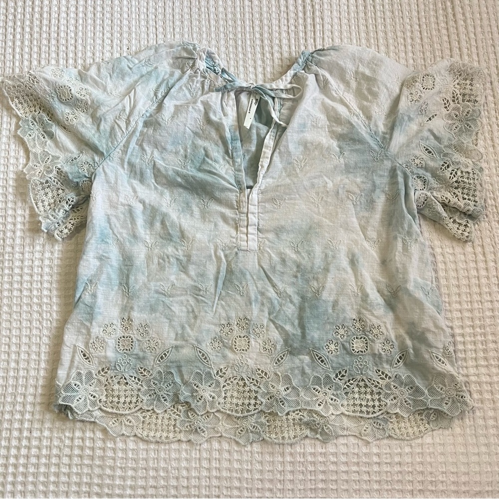 Anthropologie blue and white lace tie dye top
